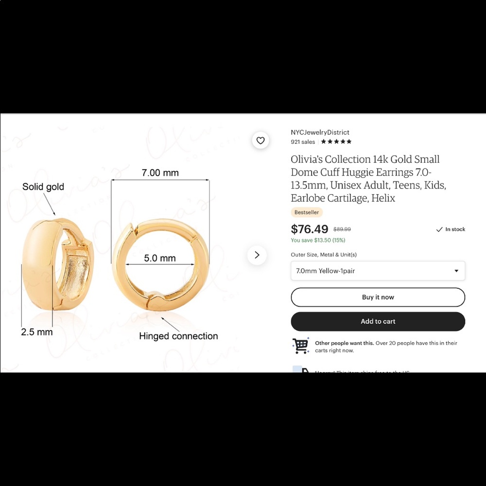 NEW SOLID Gold 14k Small Cuff Huggie Earrings 7mm